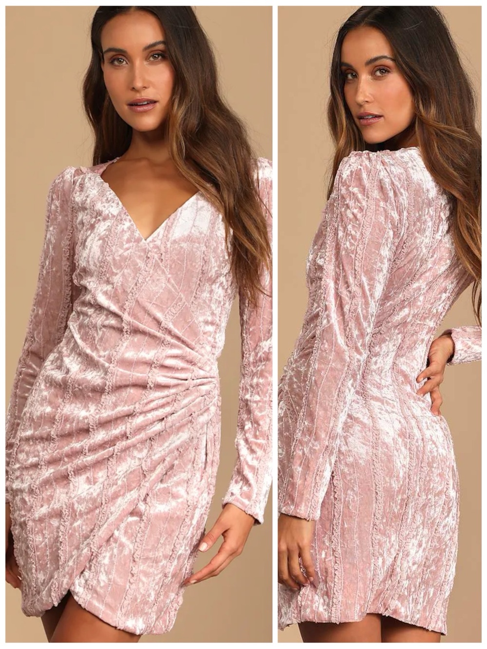 LULUS Women Size S Celebrate It Dusty Mauve Velvet Embellished Tulip Mini Dress